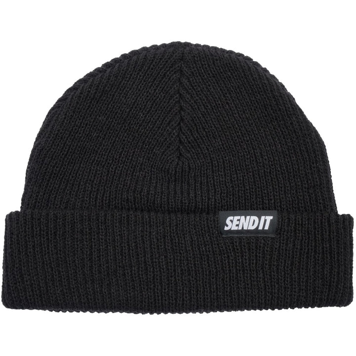 Jerry of the Day Send It Beanie in black, folded. Funny ski and snowboard gifts, shirts, and apparel.