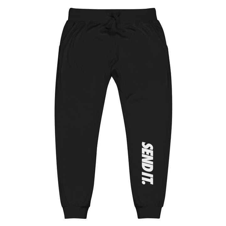 Jerry of the Day Send It Fleece Sweatpants in black. Funny ski and snowboard gifts, shirts and apparel.