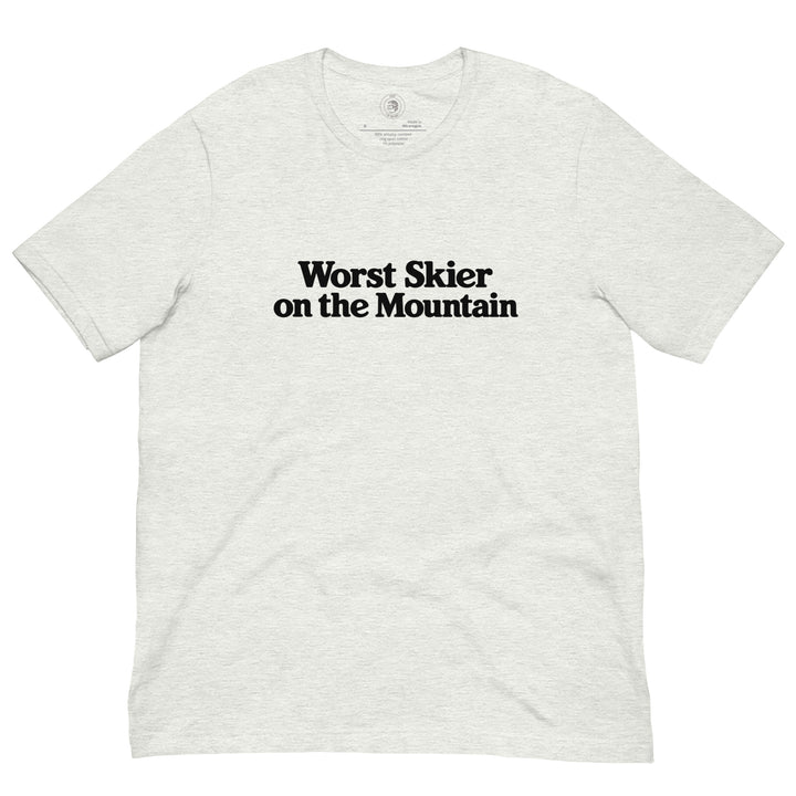 Jerry of the Day worst skier on the mountain tee in white. Funny ski and snowboard gifts, shirts and apparel.