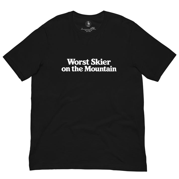 Jerry of the Day worst skier on the mountain tee in black. Funny ski and snowboard gifts, shirts and apparel.