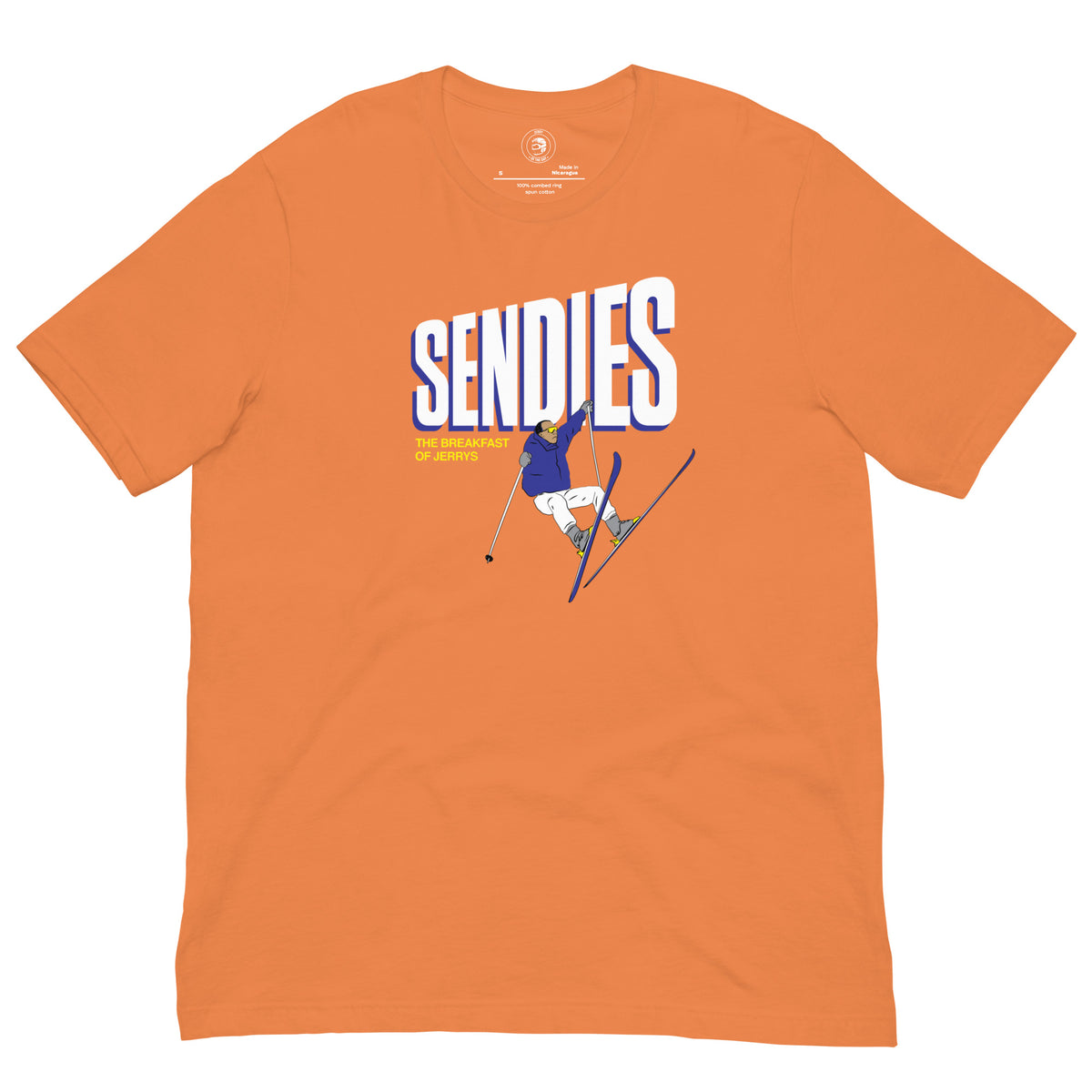 Jerry of the Day SENDIES tee shirt in orange. Funny ski and snowboard gifts, shirts and apparel.
