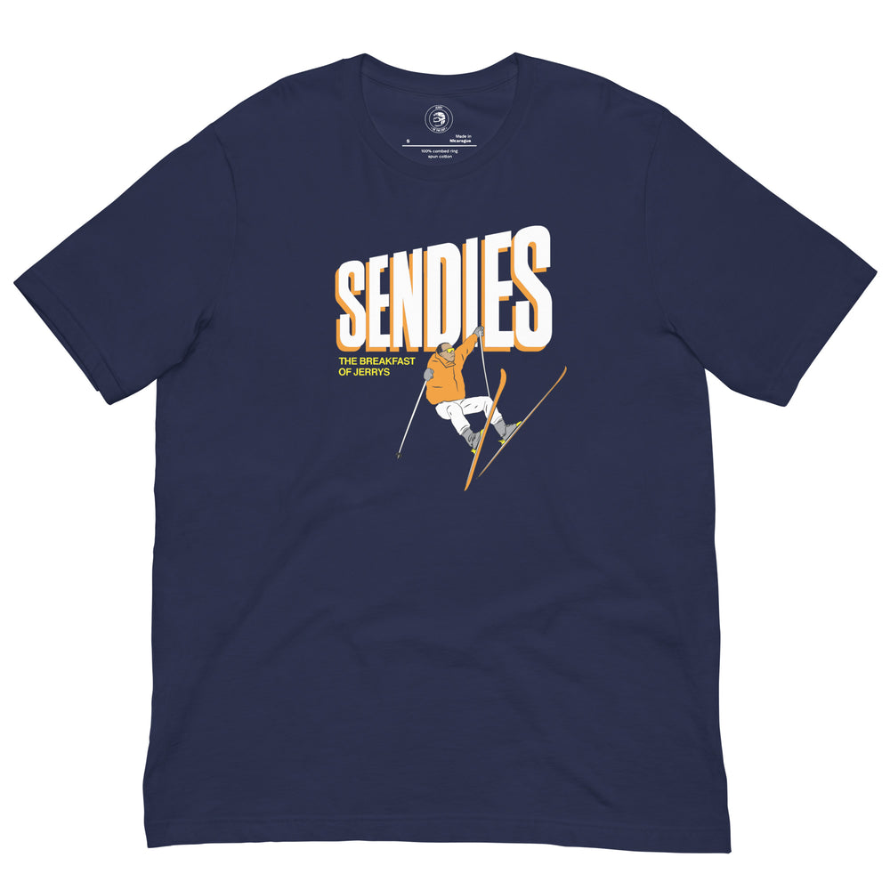 Jerry of the Day SENDIES tee shirt in navy. Funny ski and snowboard gifts, shirts and apparel.