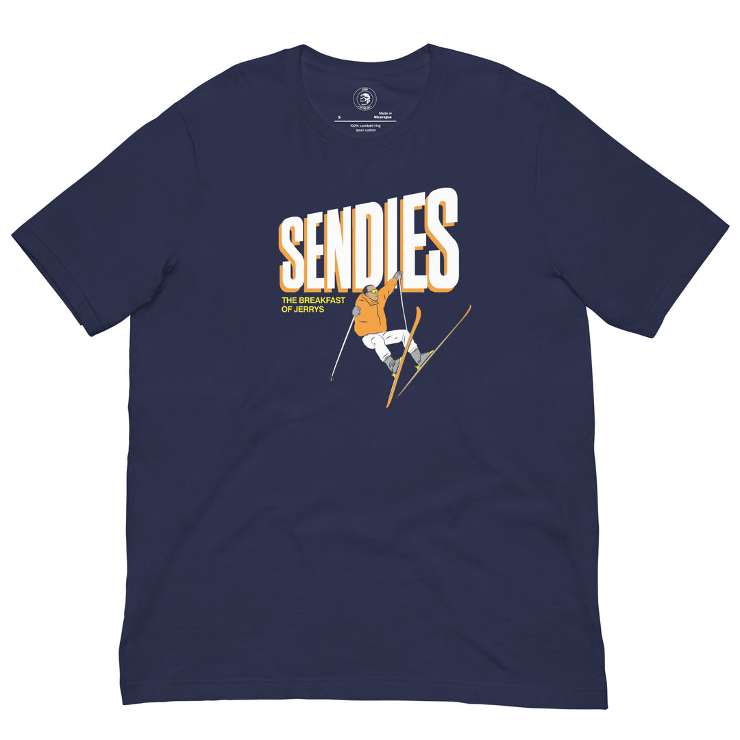 Jerry of the Day SENDIES tee shirt in navy. Funny ski and snowboard gifts, shirts and apparel.
