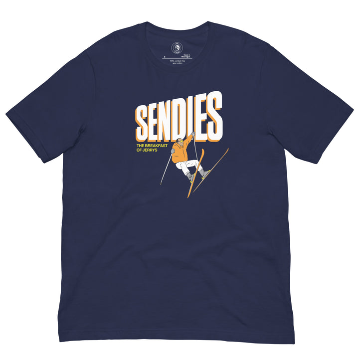 Jerry of the Day SENDIES tee shirt in navy. Funny ski and snowboard gifts, shirts and apparel.