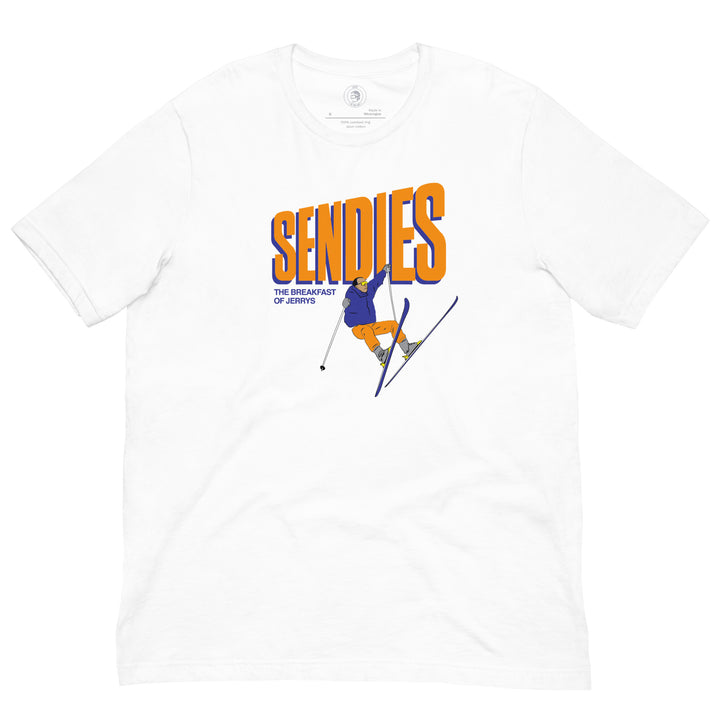 Jerry of the Day SENDIES tee shirt in white. Funny ski and snowboard gifts, shirts and apparel.
