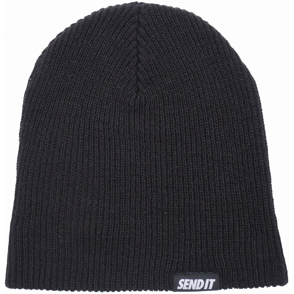 Jerry of the Day Send It Beanie in black, unfolded. Funny ski and snowboard gifts, shirts, and apparel.