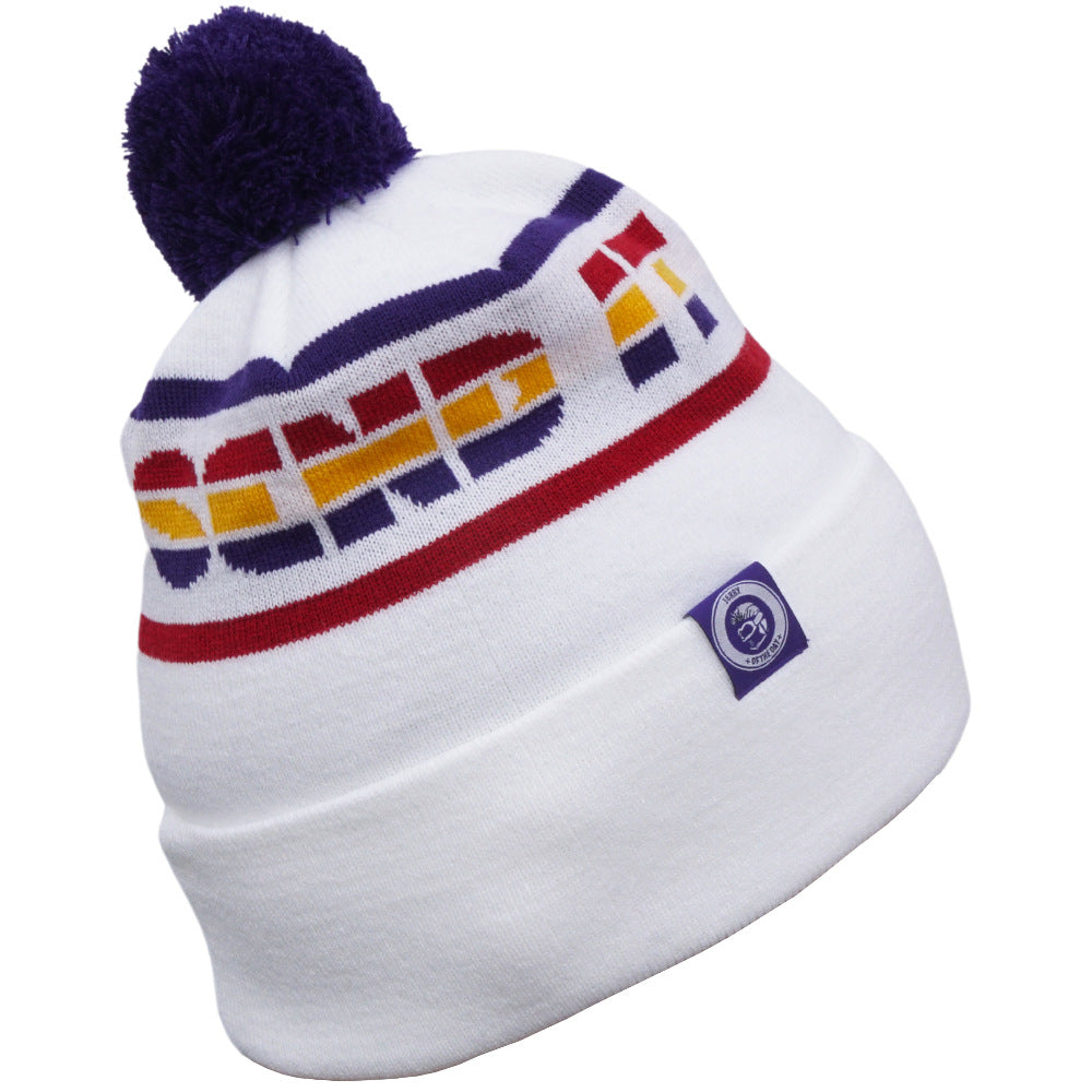 Jerry of the day Send It Block Beanie in white, side view. Funny ski and snowboard gifts, shirts and apparel.