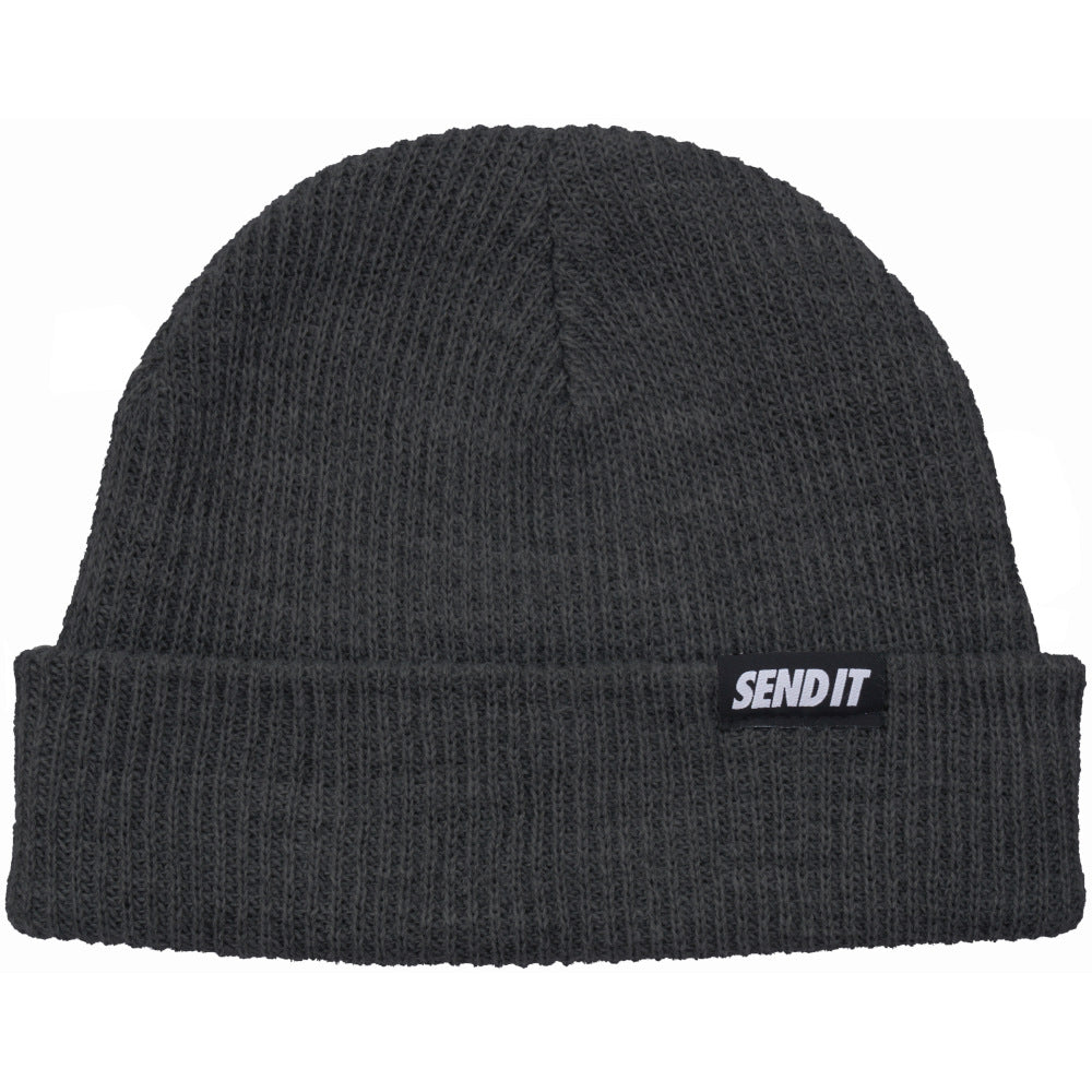 Jerry of the Day Send It Beanie in gray, folded. Funny ski and snowboard gifts, shirts, and apparel.