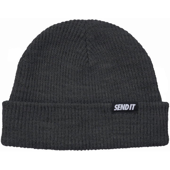 Jerry of the Day Send It Beanie in gray, folded. Funny ski and snowboard gifts, shirts, and apparel.