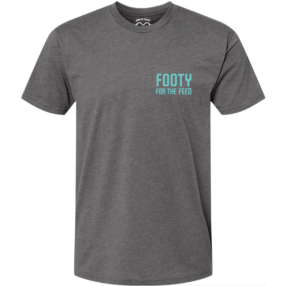 Jerry of the Day Footy For The Feed, front view. Funny ski and snowboard gifts, shirts, and apparel.