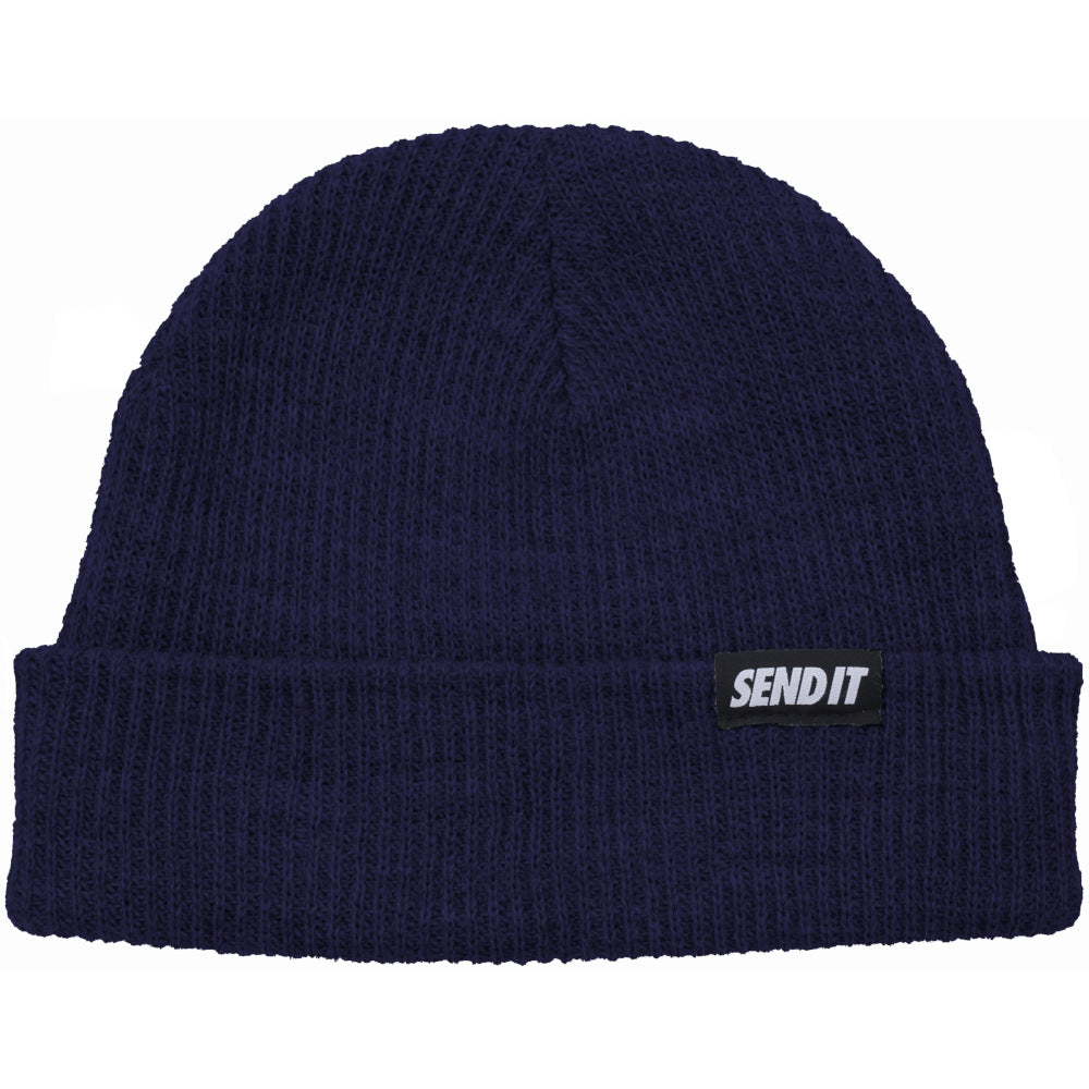 Jerry of the Day Send It Beanie in navy, folded. Funny ski and snowboard gifts, shirts, and apparel.