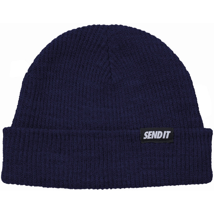 Jerry of the Day Send It Beanie in navy, folded. Funny ski and snowboard gifts, shirts, and apparel.
