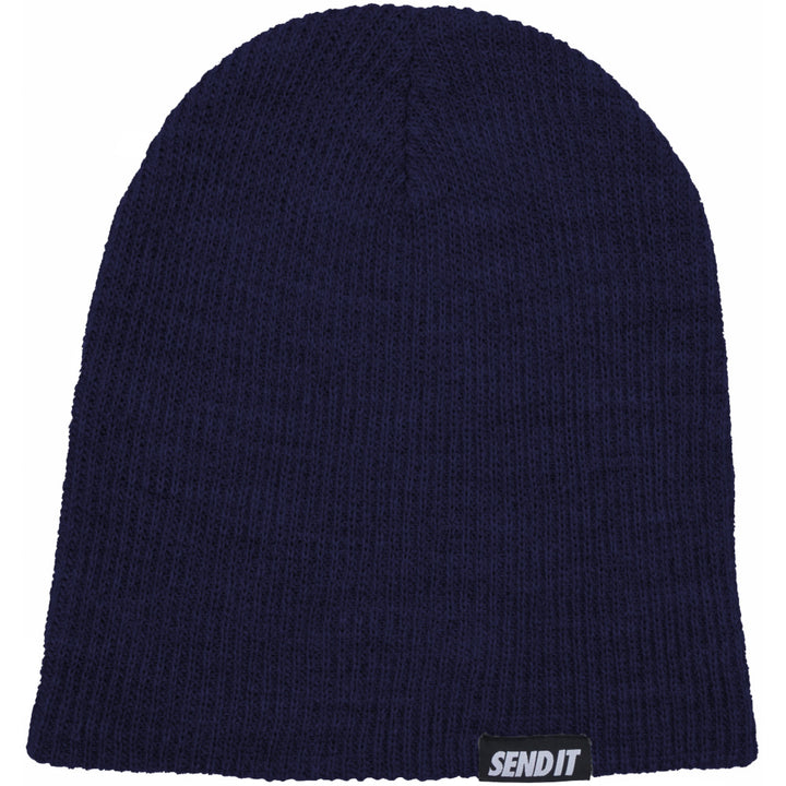 Jerry of the Day Send It Beanie in navy, unfolded. Funny ski and snowboard gifts, shirts, and apparel.