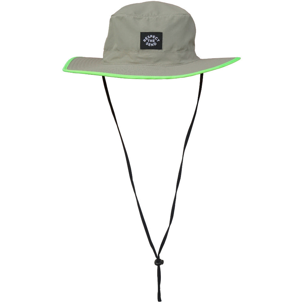 Jerry of the Day Respect the Send Olive Green Bucket Hat. Funny ski and snowboard gifts, shirts, and apparel.