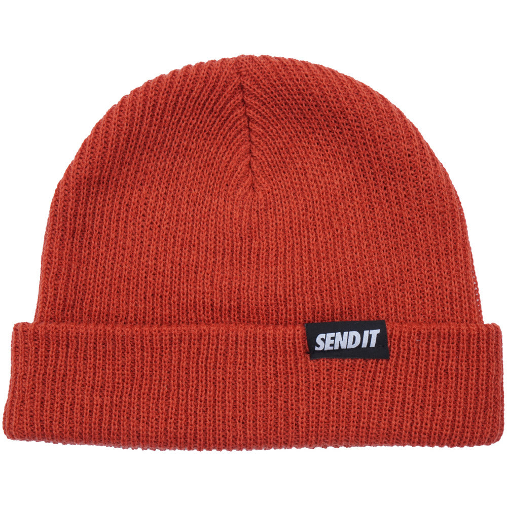 Jerry of the Day Send It Beanie in orange, folded. Funny ski and snowboard gifts, shirts, and apparel.