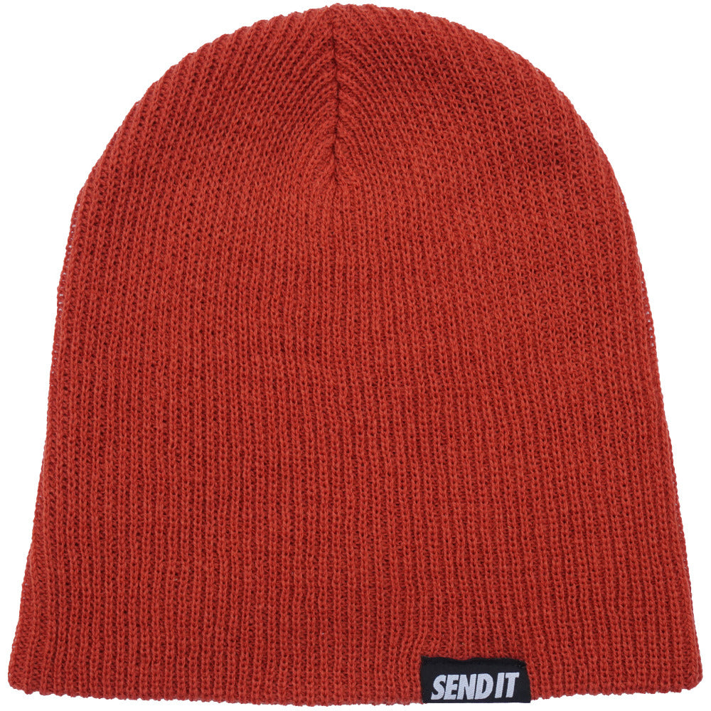Jerry of the Day Send It Beanie in orange, unfolded. Funny ski and snowboard gifts, shirts, and apparel.