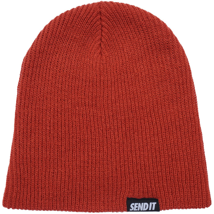 Jerry of the Day Send It Beanie in orange, unfolded. Funny ski and snowboard gifts, shirts, and apparel.