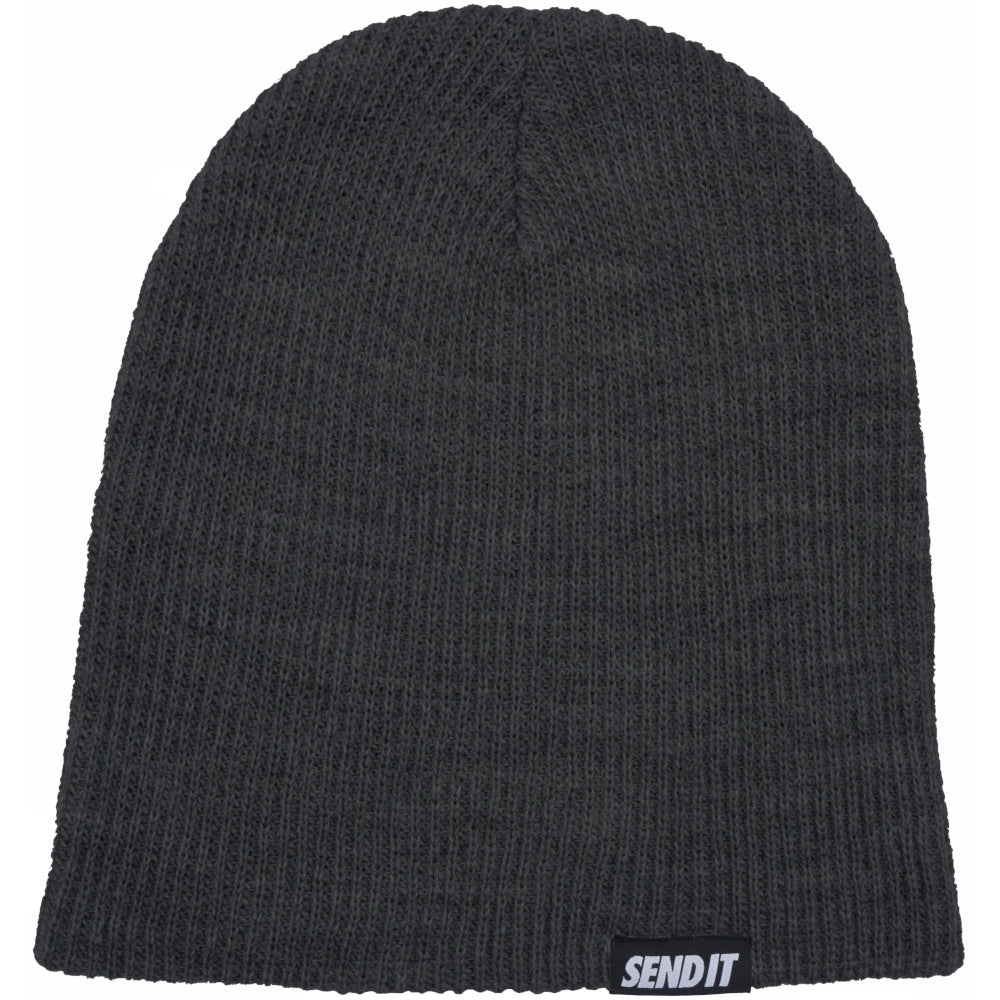 Jerry of the Day Send It Beanie in gray, unfolded. Funny ski and snowboard gifts, shirts, and apparel.
