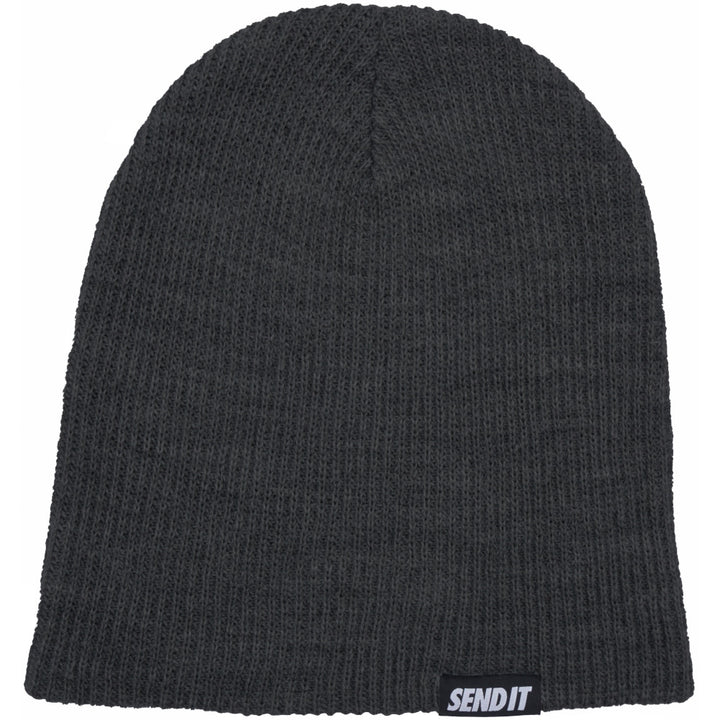 Jerry of the Day Send It Beanie in gray, unfolded. Funny ski and snowboard gifts, shirts, and apparel.