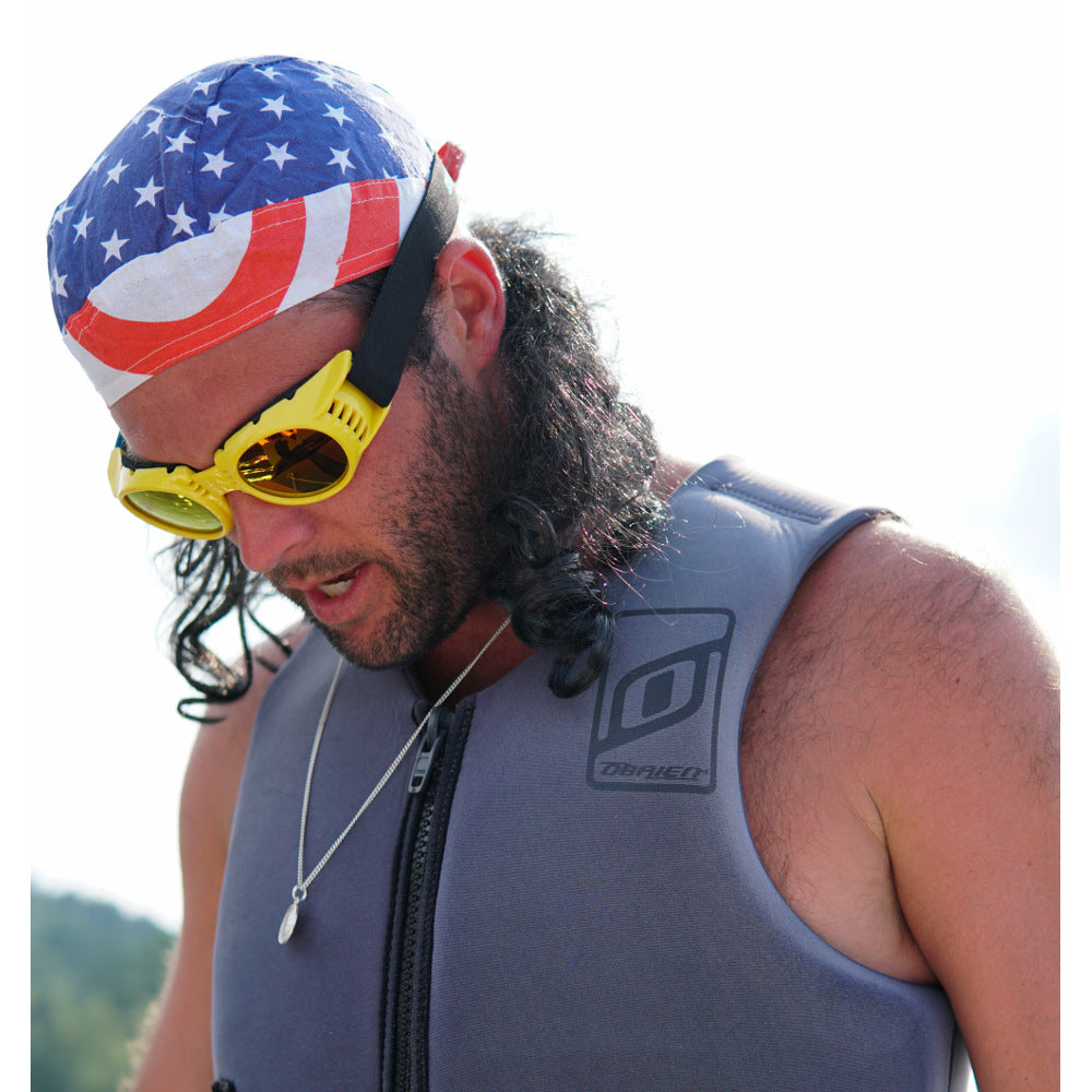 Jerry of the Day Send-O-Vision 2.0 Speed Goggles in yellow, man wearing in life vest. Funny ski and snowboard gifts, shirts, and apparel.