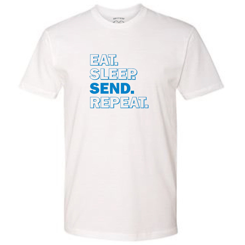 Jerry of the Day Eat Sleep Send Repeat Tee in blue and white. Funny ski and snowboard gifts, shirts, and apparel.