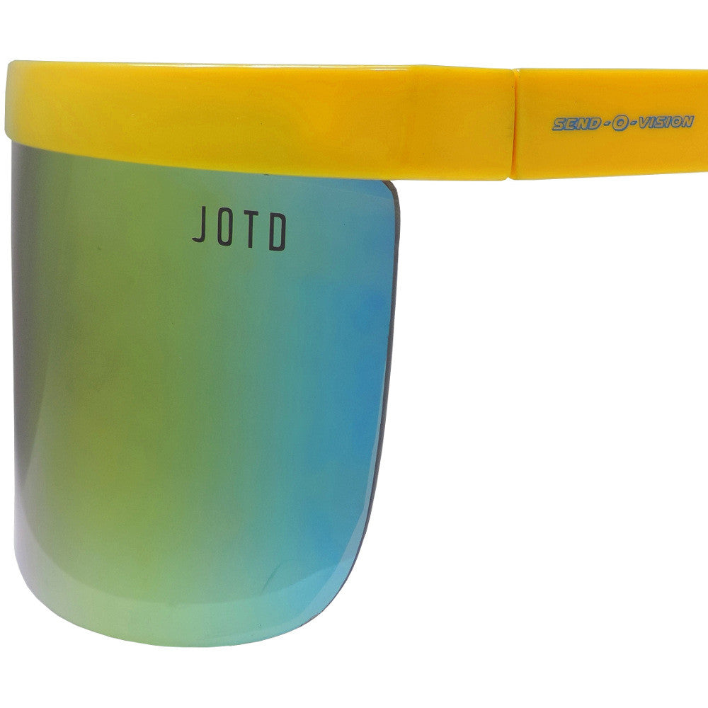 Jerry of the Dayglow Send-O-Vision 3.0 in yellow, side view. Funny ski and snowboard gifts, shirts, and apparel.