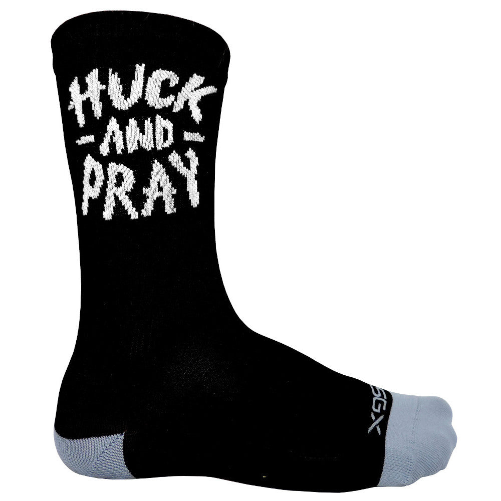 Jerry of the Day Huck and Pray Bike Socks, side view. Funny ski and snowboard gifts, shirts, and apparel.
