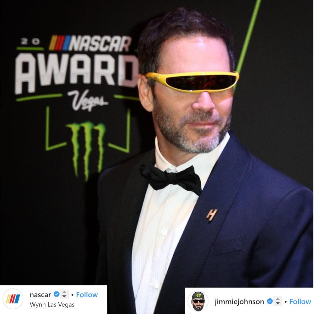 Jerry of the Day Send-O-Vision Jerry of the Day Glasses in yellow, Jimmie Johnson wearing. Funny ski and snowboard gifts, shirts, and apparel.