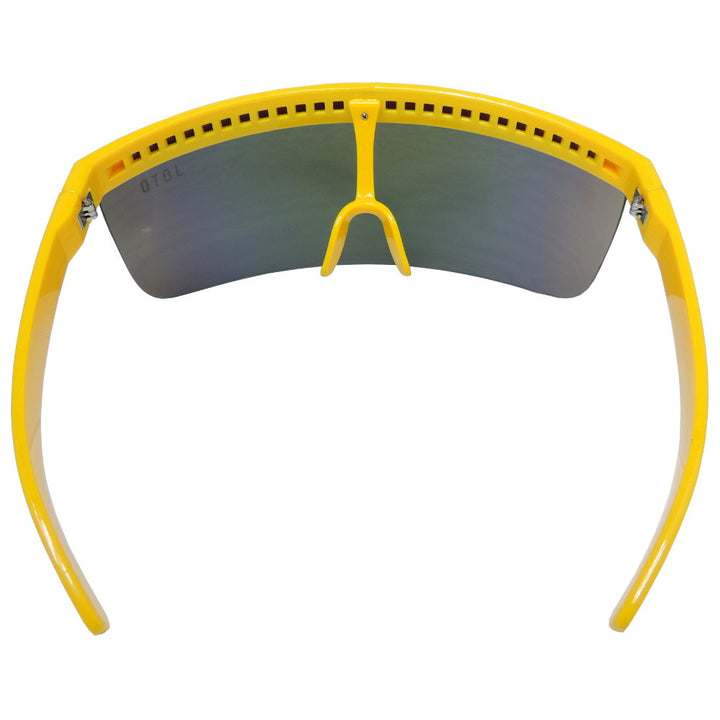 Jerry of the Dayglow Send-O-Vision 3.0 in yellow, back view. Funny ski and snowboard gifts, shirts, and apparel.