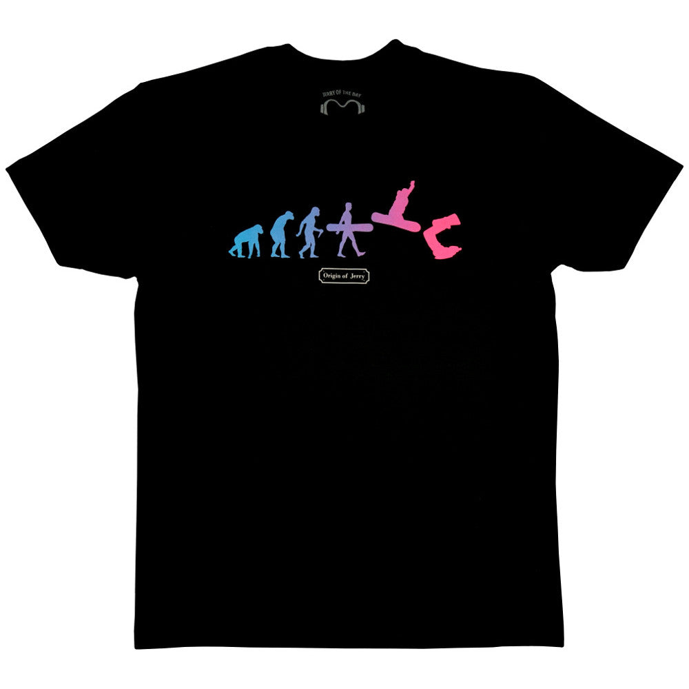 Jerry of the Day Origin of Jerry Snowboarder Tee, front view. Funny ski and snowboard gifts, shirts, and apparel.